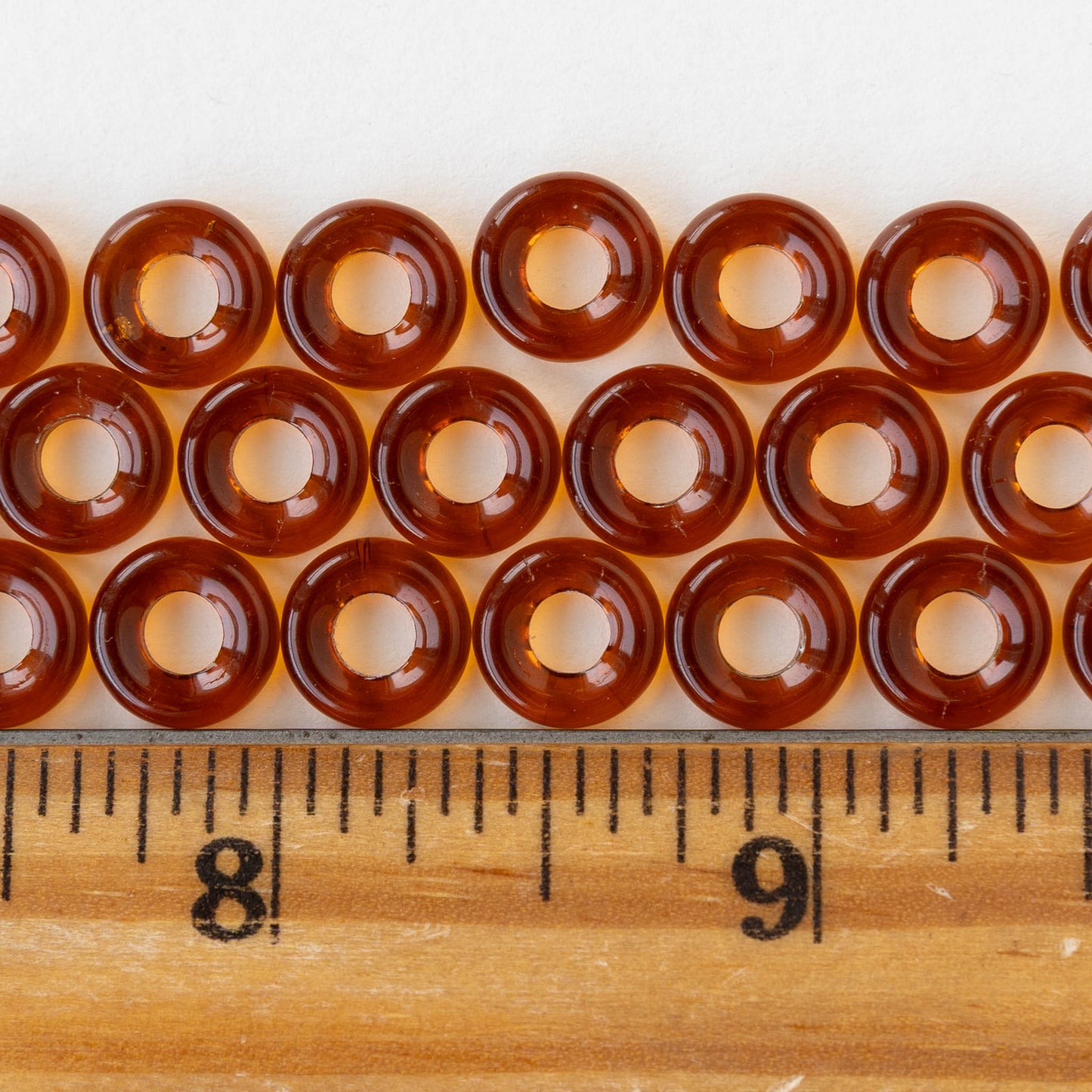 9mm Glass Ring Beads - Dark Amber - 50 or 100 Beads