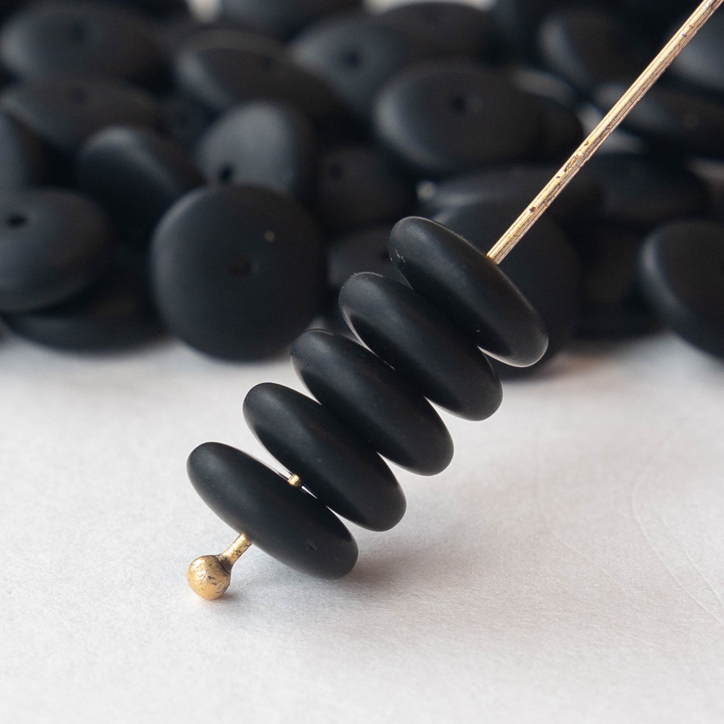 9mm Glass Rondelle Beads - Opaque Black Matte - 65 Beads