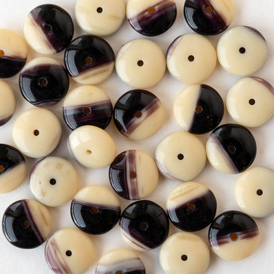 9mm Glass Rondelle Beads - Opaque Ivory and Dark Purple - 30 Beads