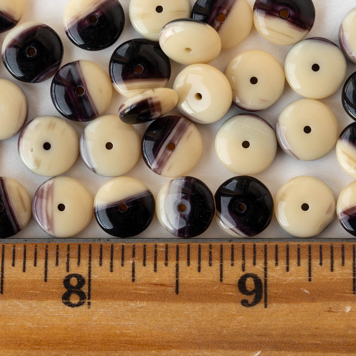 9mm Glass Rondelle Beads - Opaque Ivory and Dark Purple - 30 Beads