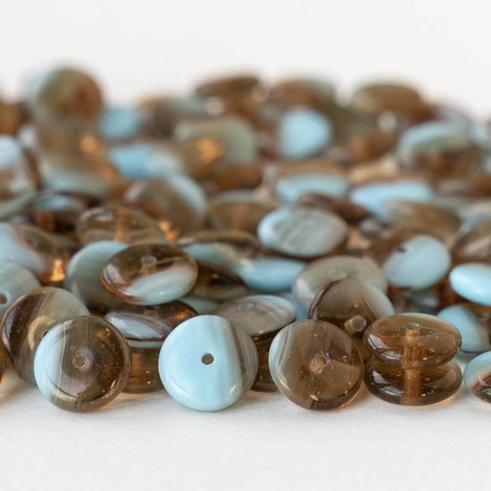 9mm Glass Rondelle Beads - Opaque Light Blue and Transparent Topaz - 30 Beads