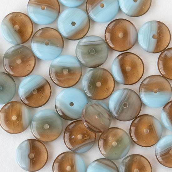 9mm Glass Rondelle Beads - Opaque Light Blue and Transparent Topaz - 30 Beads