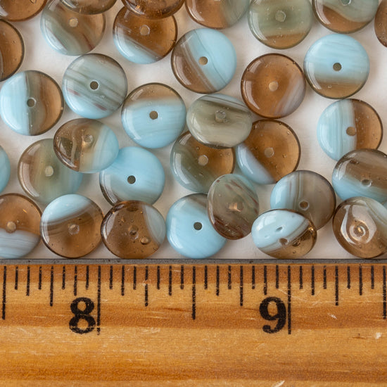 9mm Glass Rondelle Beads - Opaque Light Blue and Transparent Topaz - 30 Beads