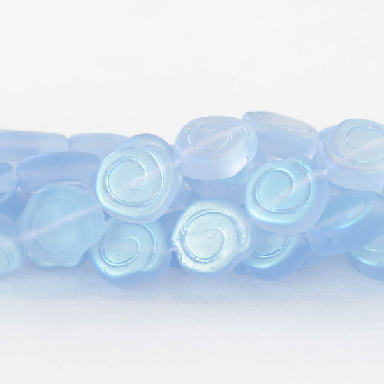 9mm Glass Spiral Coin Beads - Matte Light Blue AB - 10 beads