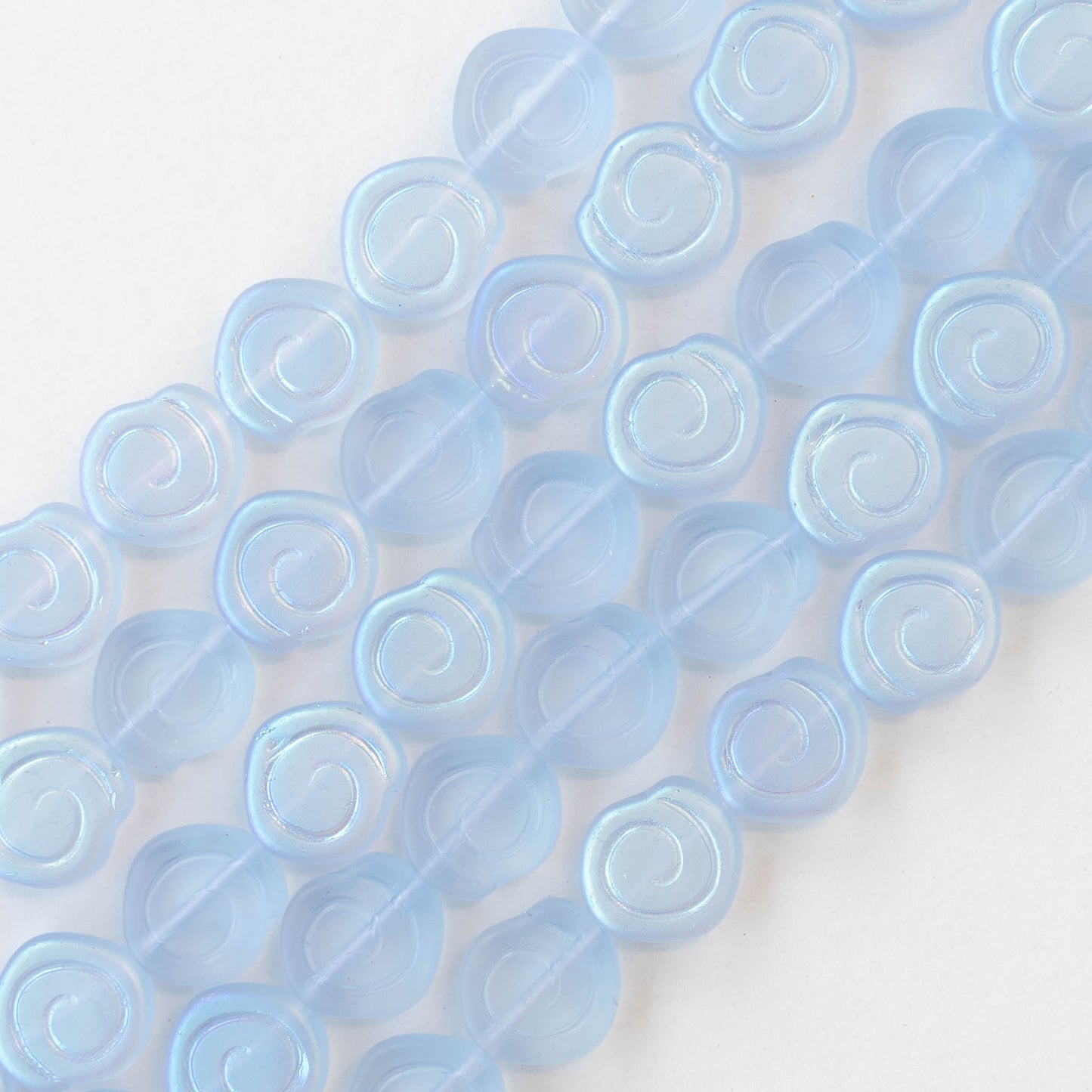 9mm Glass Spiral Coin Beads - Matte Light Blue AB - 10 beads