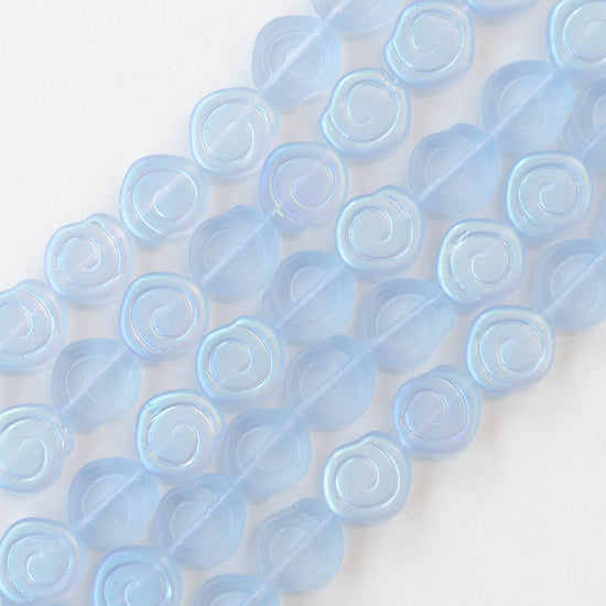 9mm Glass Spiral Coin Beads - Matte Light Blue AB - 10 beads