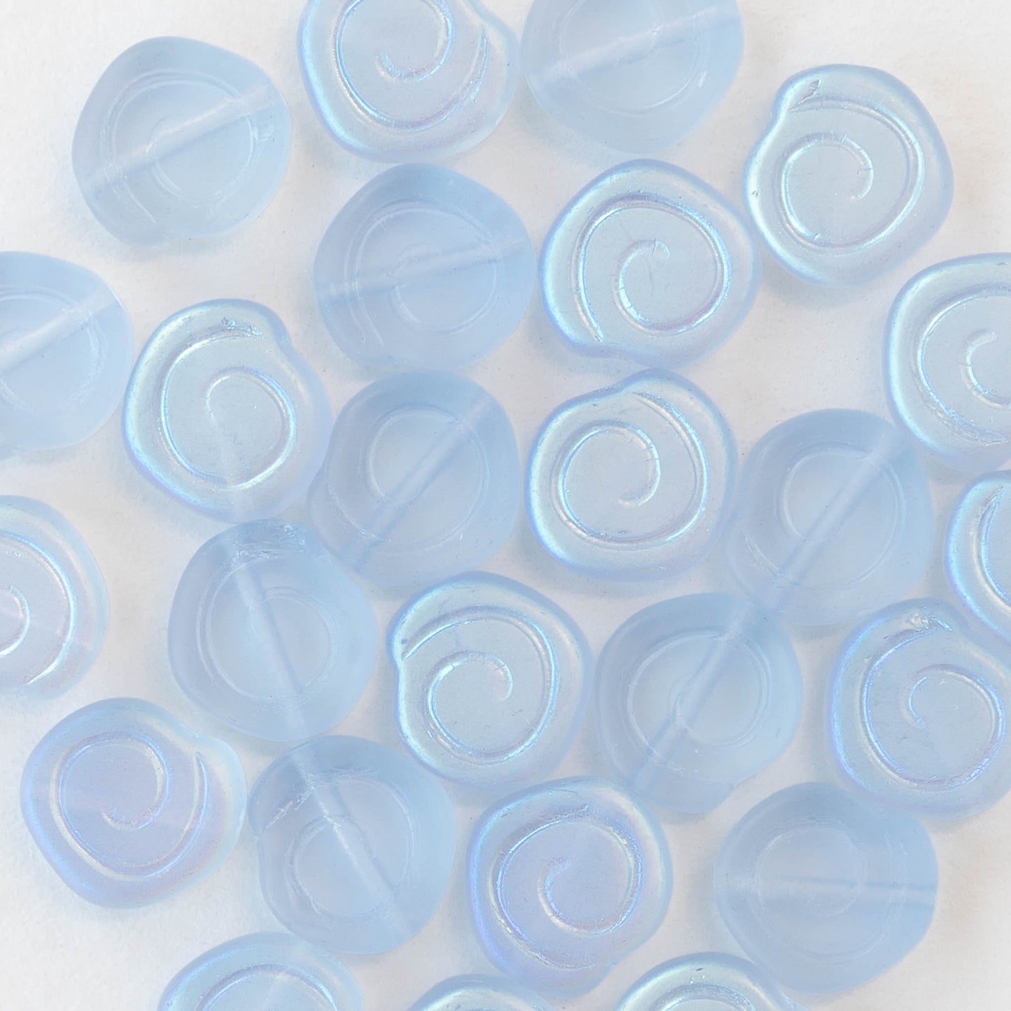 9mm Glass Spiral Coin Beads - Matte Light Blue AB - 10 beads