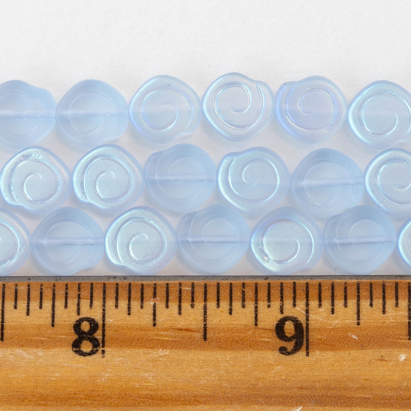 9mm Glass Spiral Coin Beads - Matte Light Blue AB - 10 beads