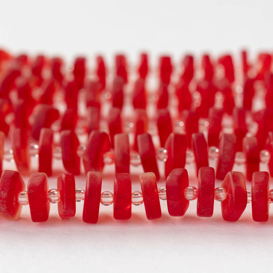 9mm Square Glass Heishi Beads - Matte Red - 25 Beads