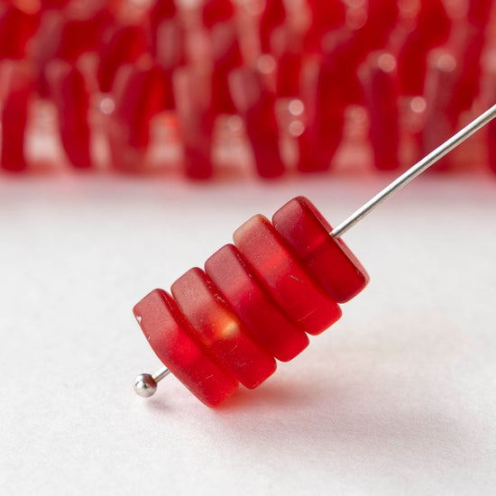 9mm Square Glass Heishi Beads - Matte Red - 25 Beads