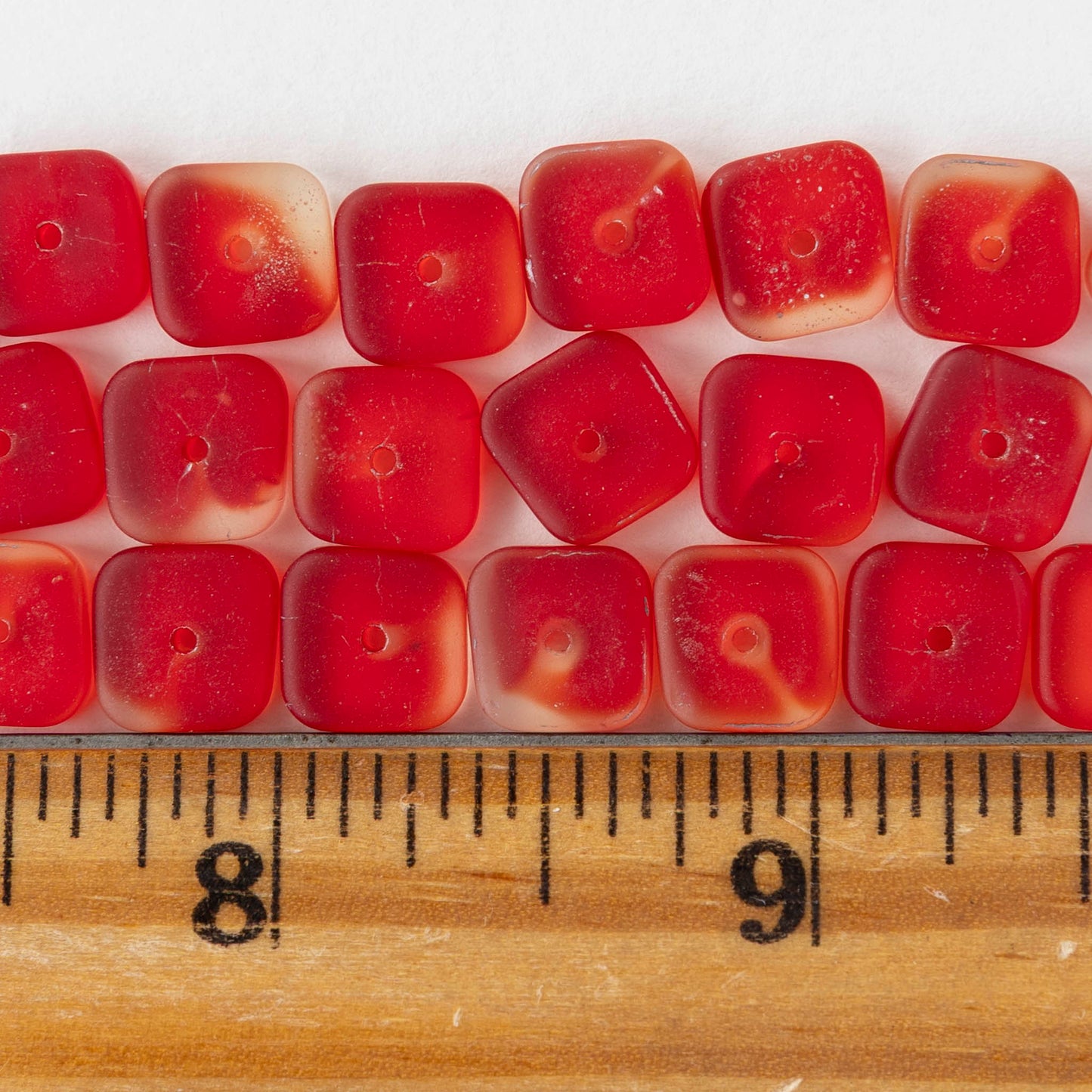 9mm Square Glass Heishi Beads - Matte Red - 25 Beads