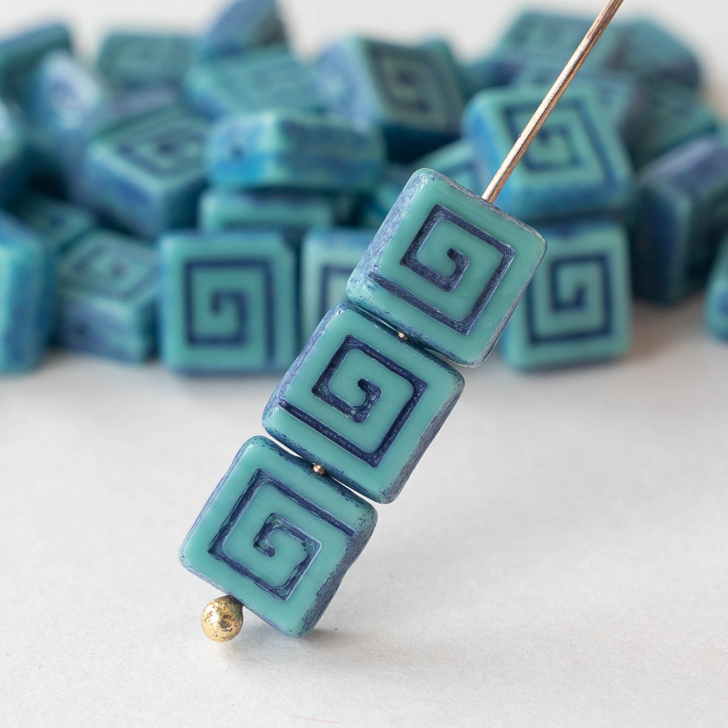 9mm Glass Tile Beads - Aqua with Blue Wash - 10