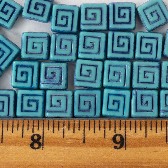 9mm Glass Tile Beads - Aqua with Blue Wash - 10