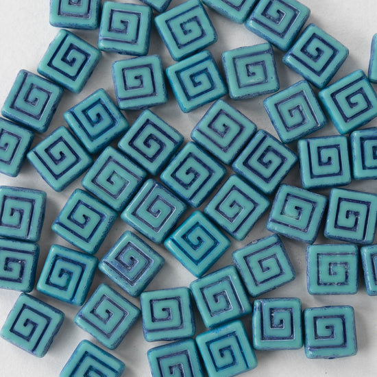 9mm Glass Tile Beads - Aqua with Blue Wash - 10 – funkyprettybeads