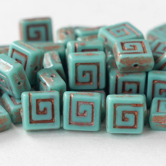 9mm Glass Tile Beads - Opaque Turquoise with Gold Wash - 10