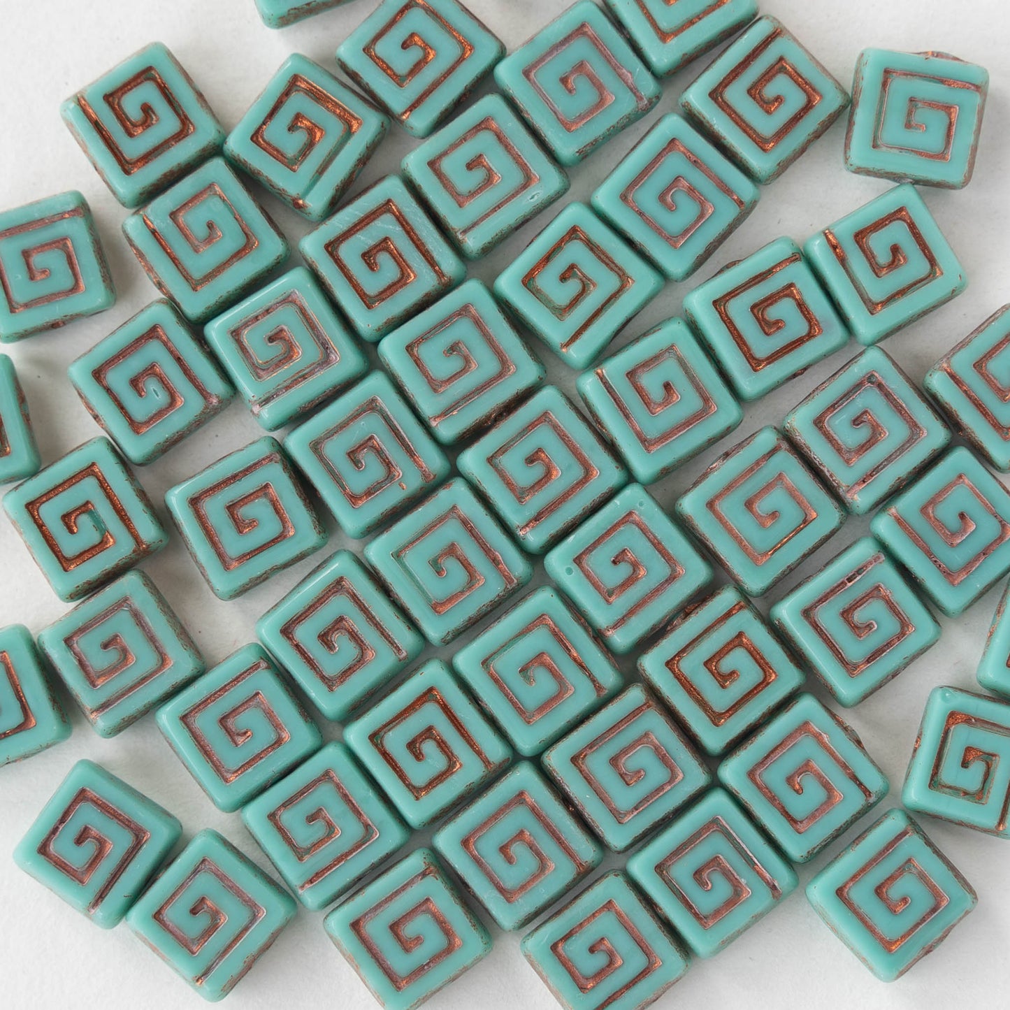 9mm Glass Tile Beads - Opaque Turquoise with Gold Wash - 10