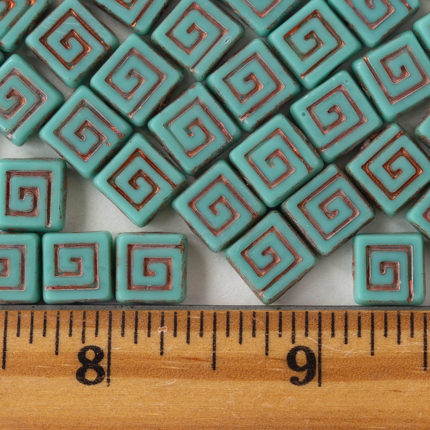 9mm Glass Tile Beads - Opaque Turquoise with Gold Wash - 10