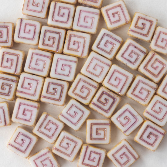9mm Tile Bead with Spiral - Off White with Gold Wash - 10 Beads