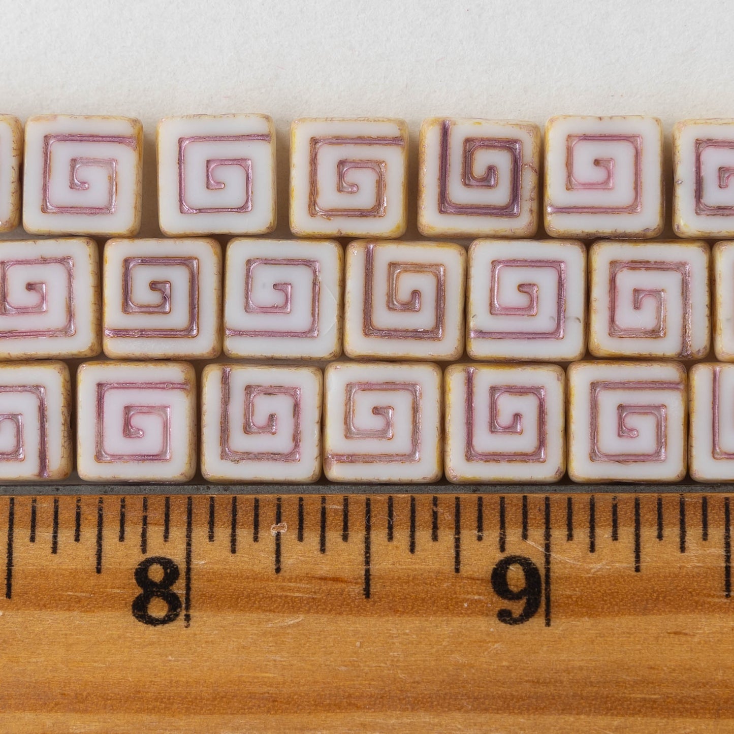 9mm Tile Bead with Spiral - Off White with Gold Wash - 10 Beads