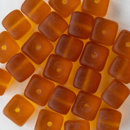 9x11mm Glass Cube Beads - Matte Amber - 10 or 20 beads
