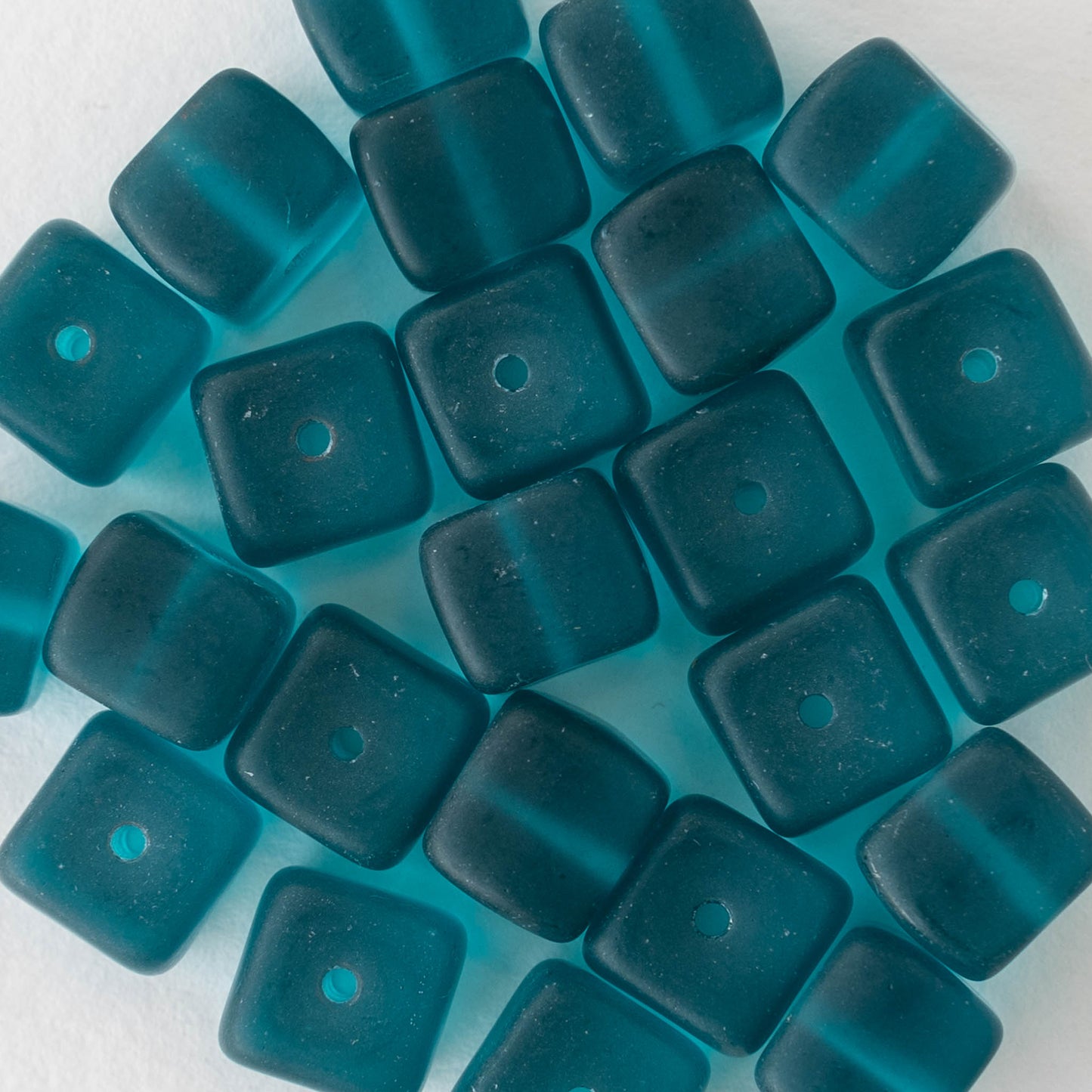 9x11mm Frosted Glass Cube Beads - Teal Matte - 12 or 24