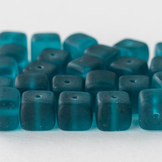 9x11mm Frosted Glass Cube Beads - Teal Matte - 12 or 24