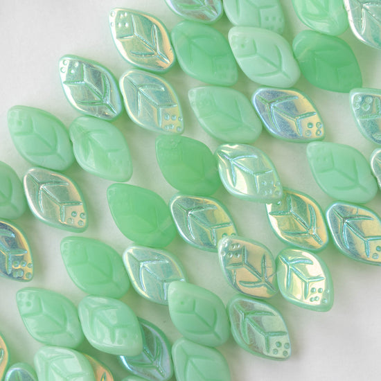 12mm Glass Leaf Beads - Opaque Mint Green AB - 25 leaves