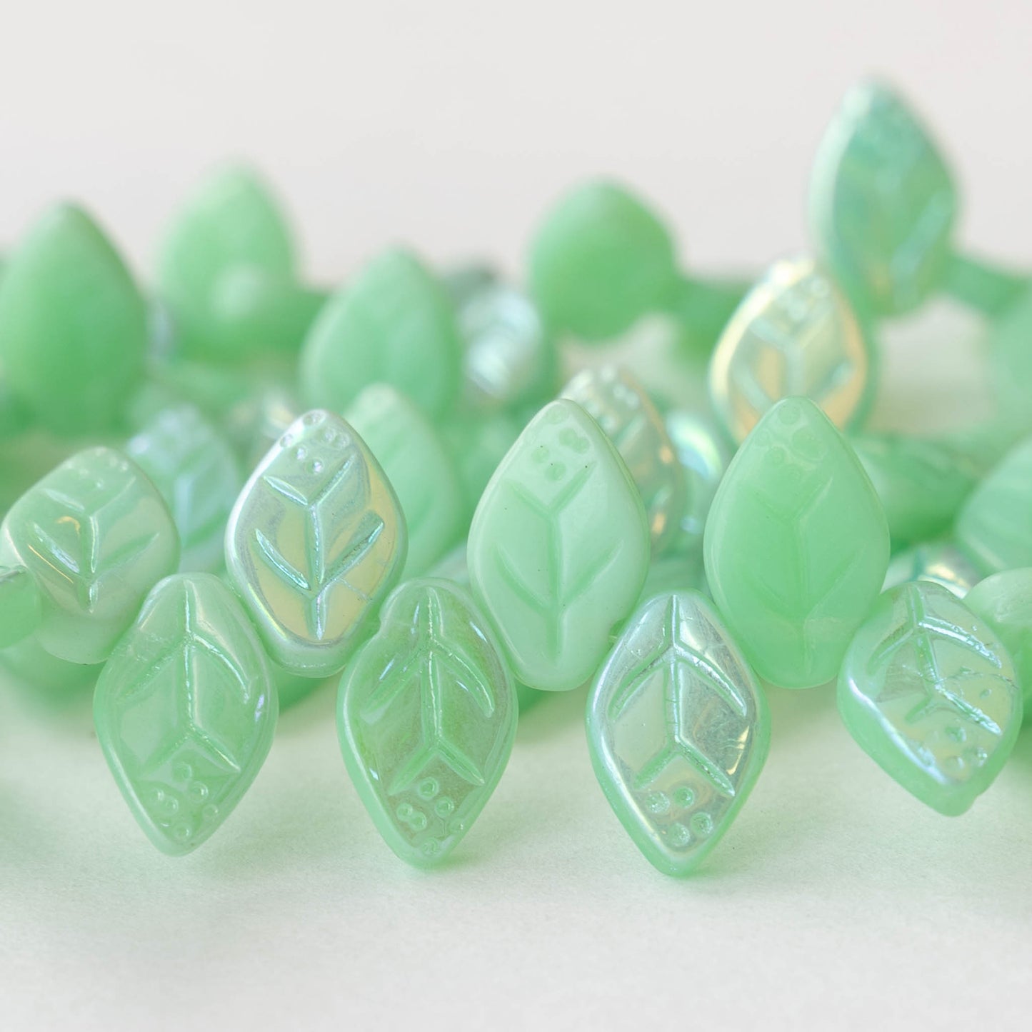 12mm Glass Leaf Beads - Opaque Mint Green AB - 25 leaves