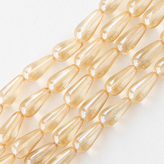 6x13mm Glass Long Drilled Teardrop - Transparent Champagne Luster - 10 or 30 Beads