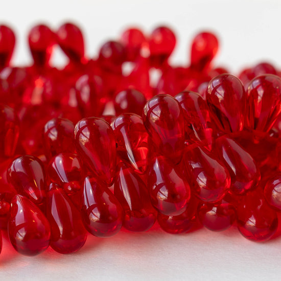 9x15mm Glass Teardrop Beads - Transparent Christmas Red - 12 Beads