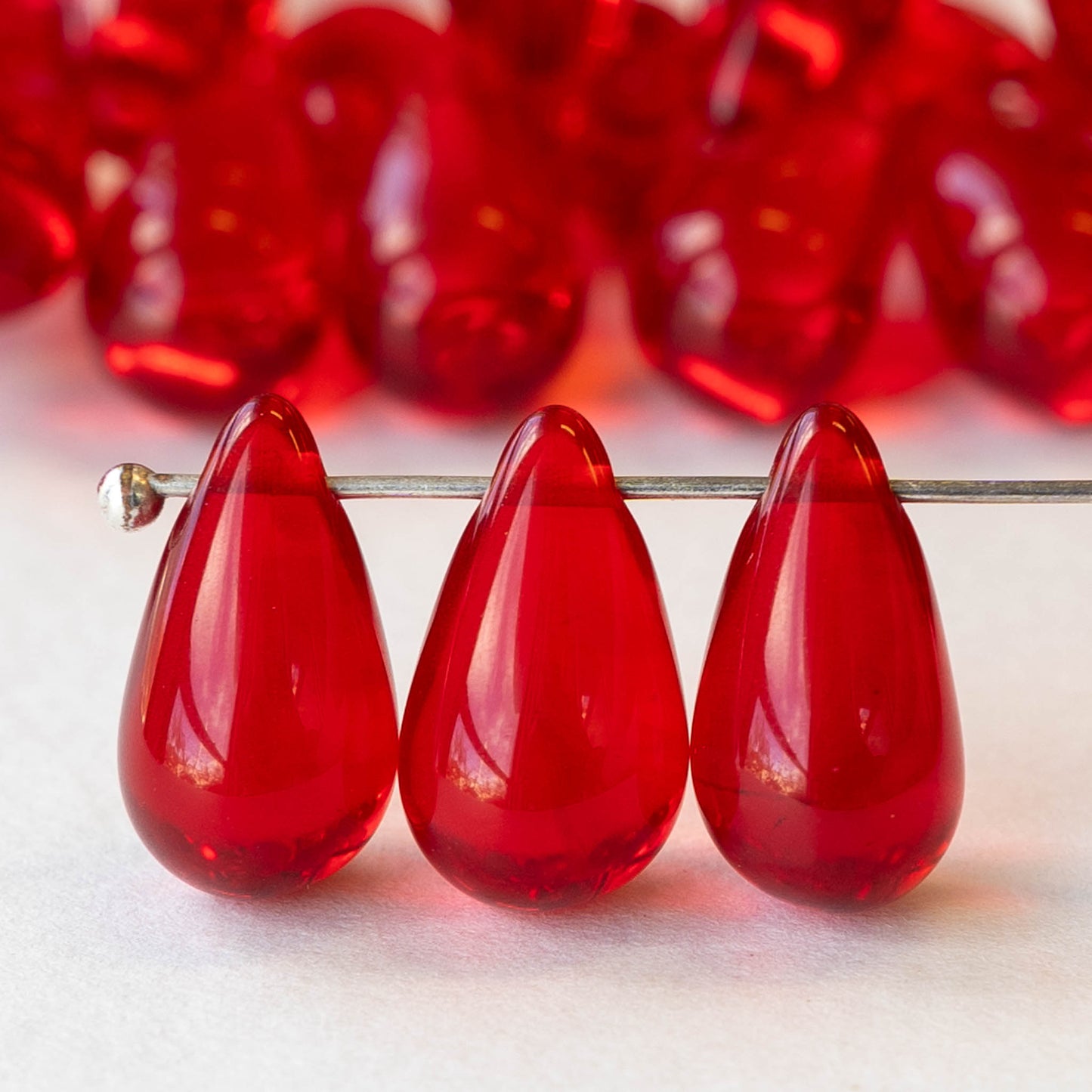 9x15mm Glass Teardrop Beads - Transparent Christmas Red - 12 Beads