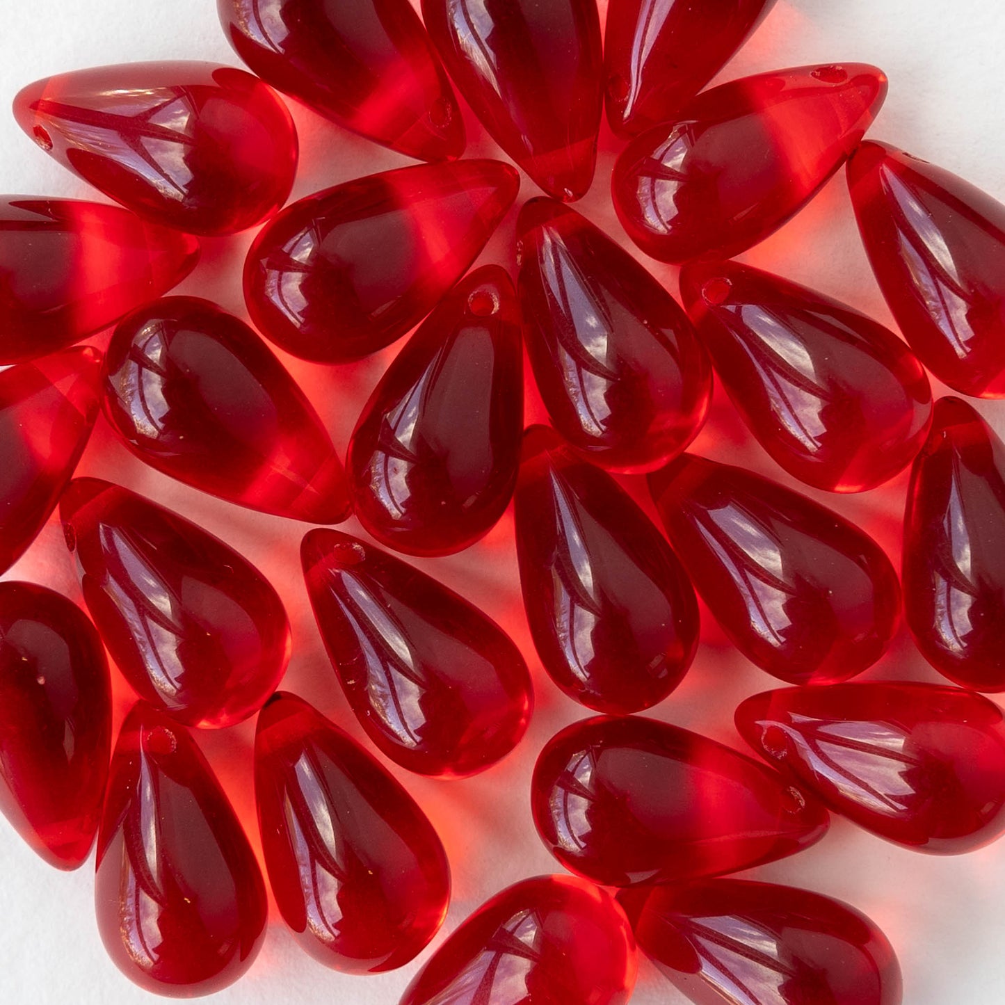 9x15mm Glass Teardrop Beads - Transparent Christmas Red - 12 Beads