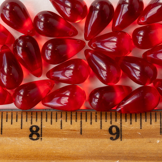 9x15mm Glass Teardrop Beads - Transparent Christmas Red - 12 Beads