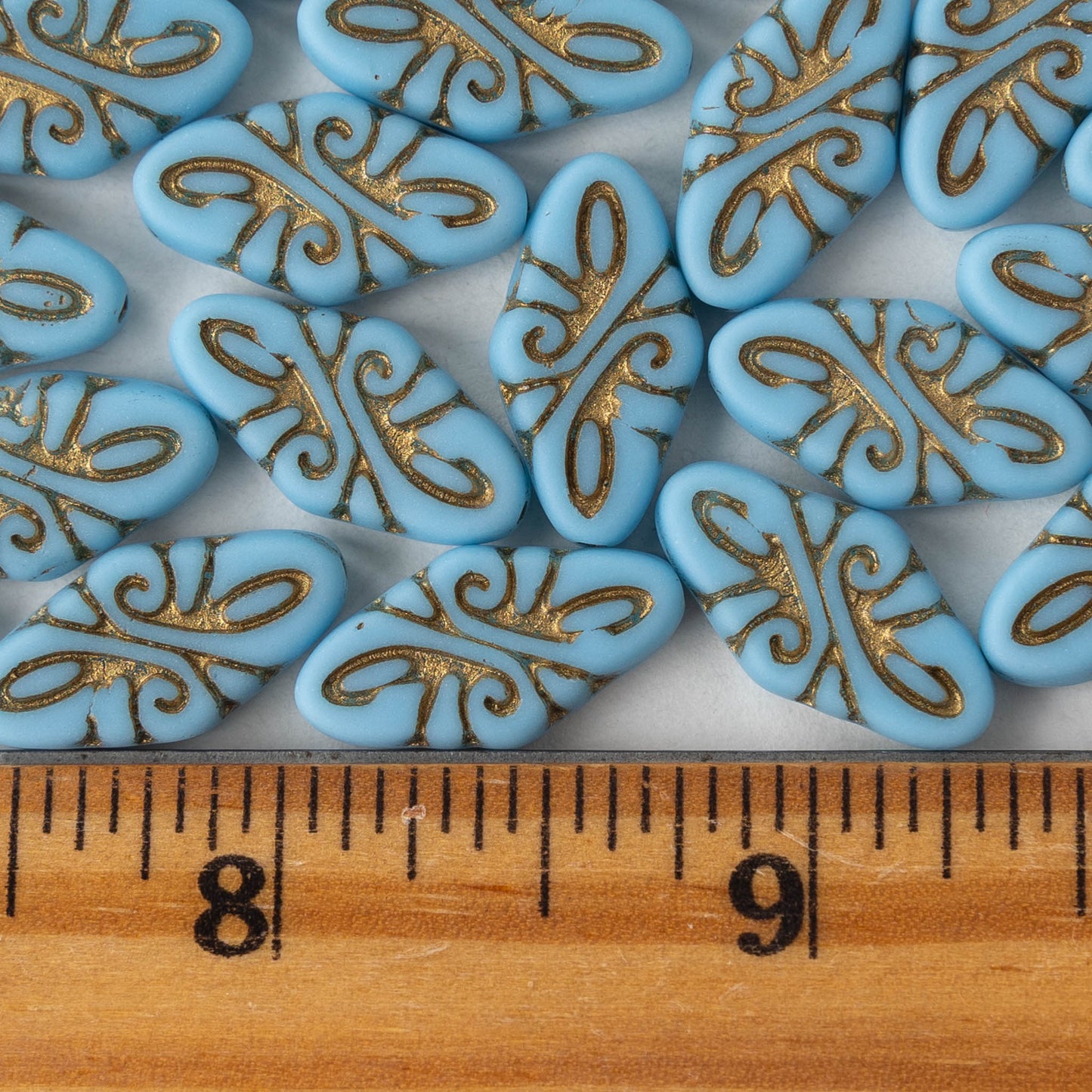 Oval Arabesque Beads - Blue Matte with Gold Wash - 10 beads