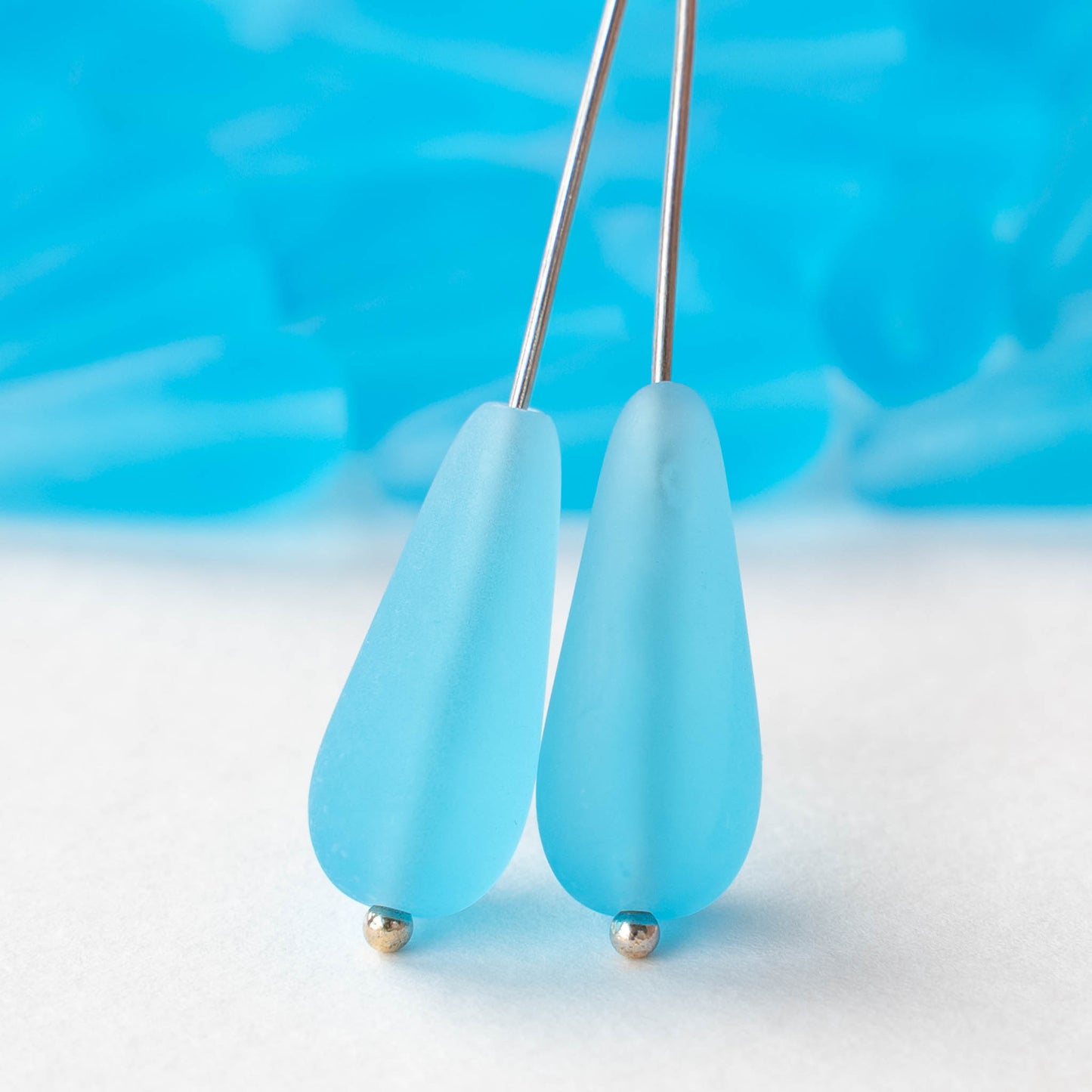 9x20mm Glass Teardrop Beads - Aqua Matte - 20 Beads