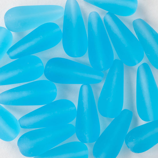 9x20mm Glass Teardrop Beads - Aqua Matte - 20 Beads
