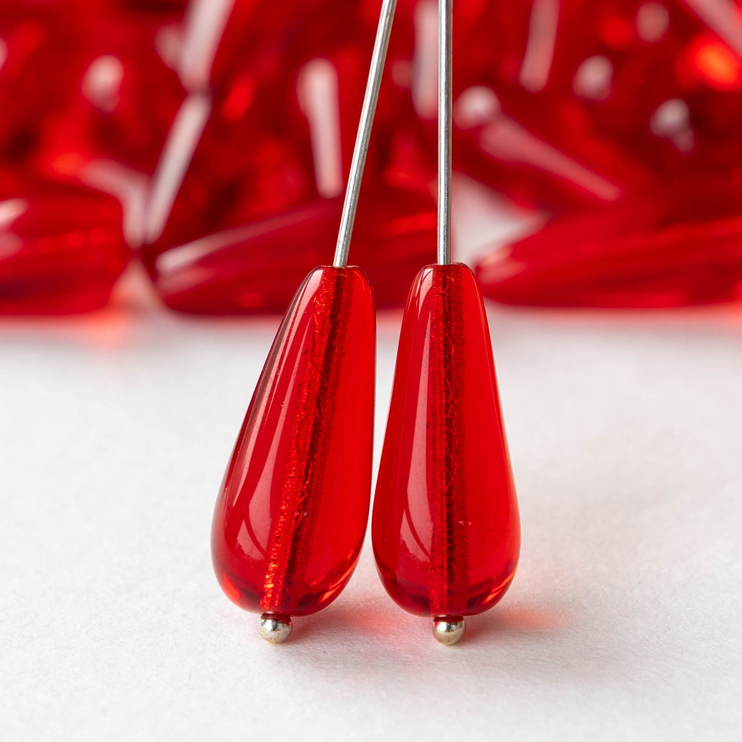 9x20mm Long Drilled Drops - Red - 10 or 20 Beads