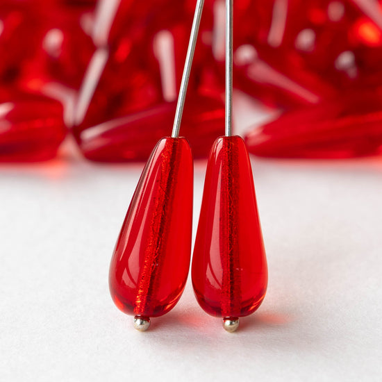 9x20mm Long Drilled Drops - Red - 10 or 20 Beads