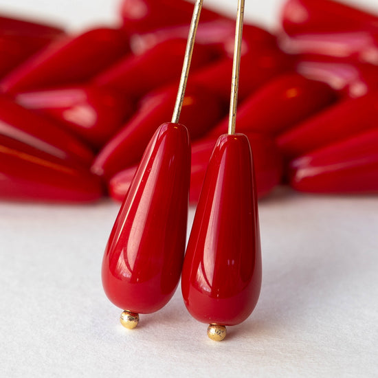 9x20mm Long Drilled Drops - Opaque Red - 20 Beads