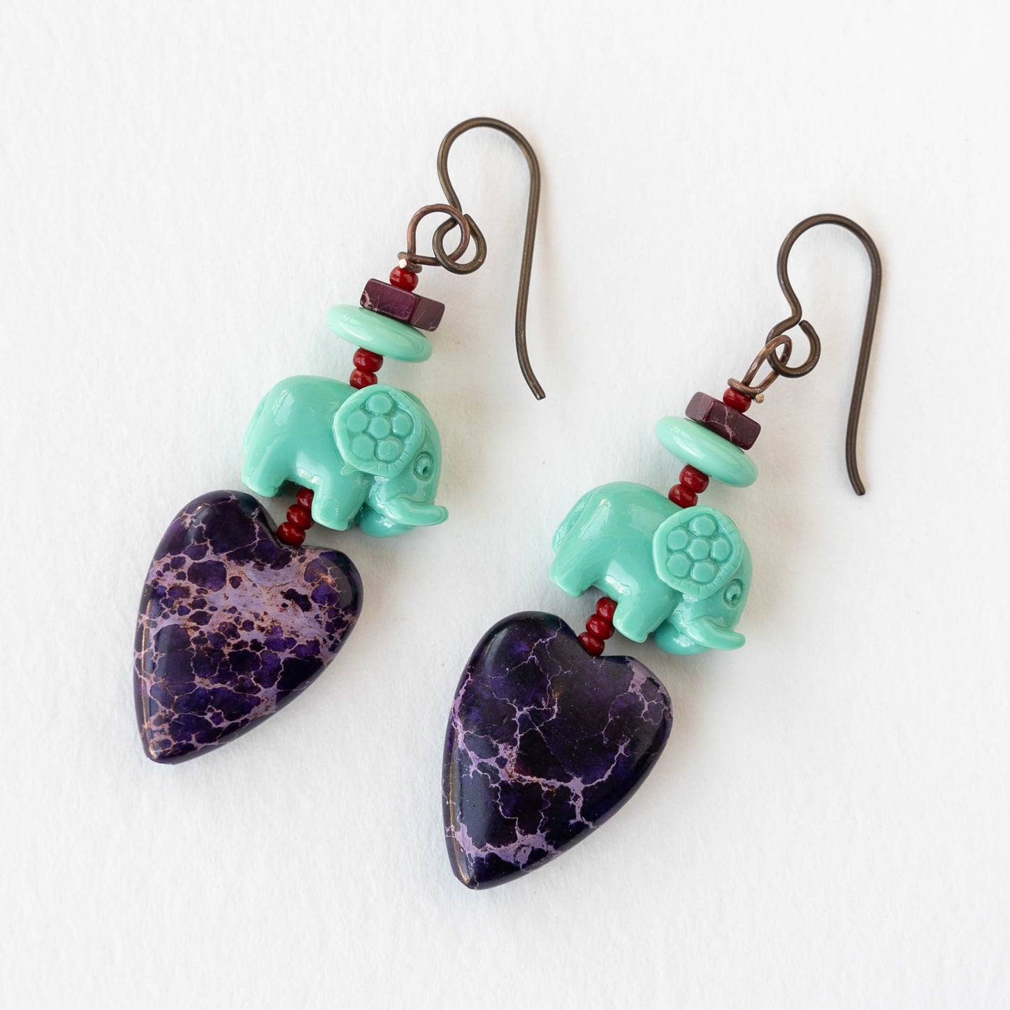 Elephant Dangle Earrings - Turquoise and Purple