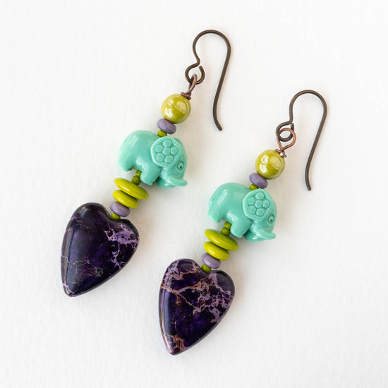 Elephant and Heart Earrings - Purple, Turquoise and Green