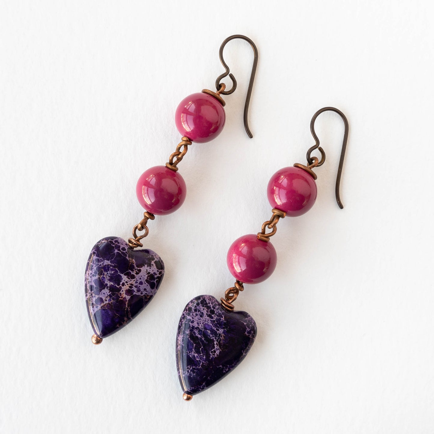 Heart Dangle Earrings - Purple and Magenta