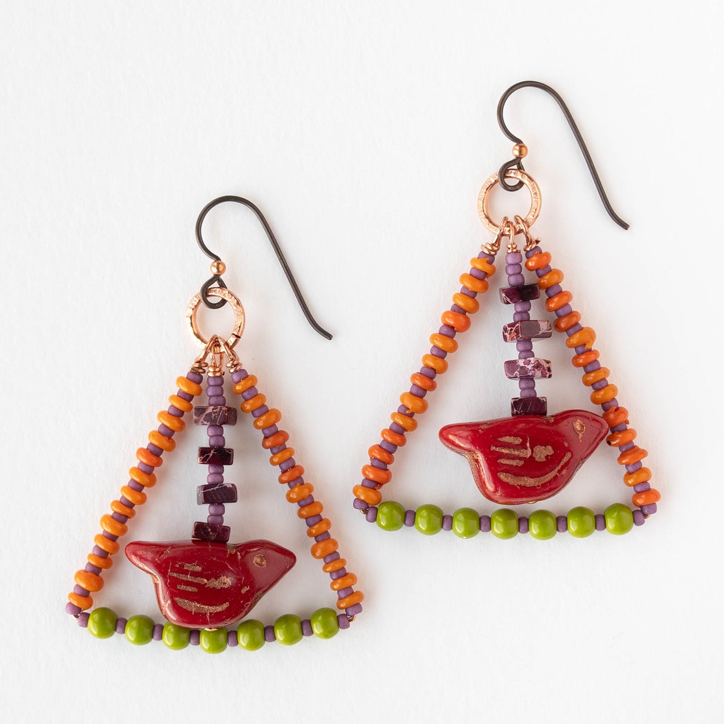 Bird Dangle Earrings - Red Orange Green