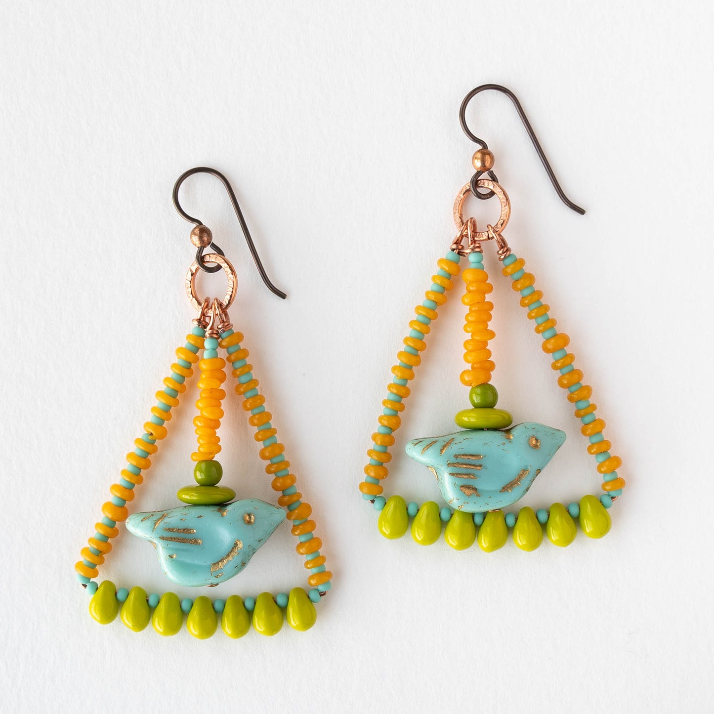 Bird Dangle Earrings - Blue Orange Green