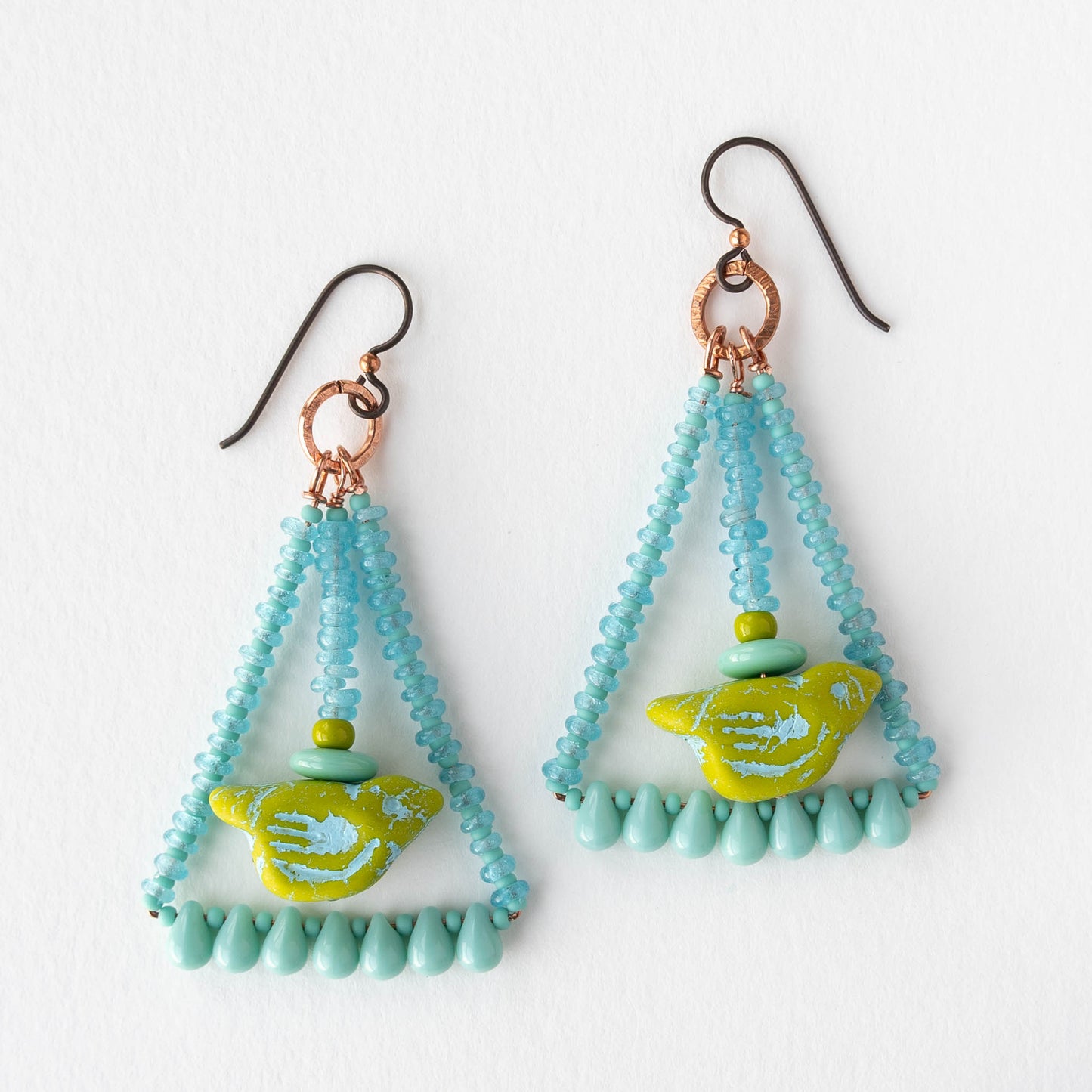 Bird Dangle Earrings - Green and Blue