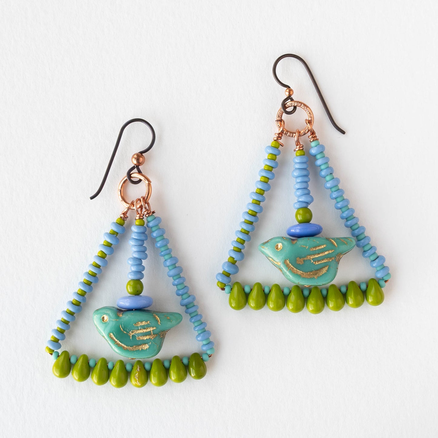 Bird Dangle Earrings - Green and Blue