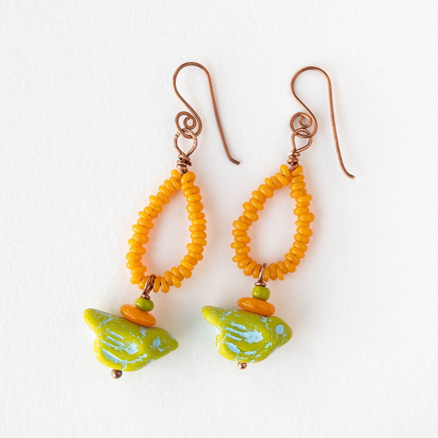 Bird Dangle Earrings - Green and Orange