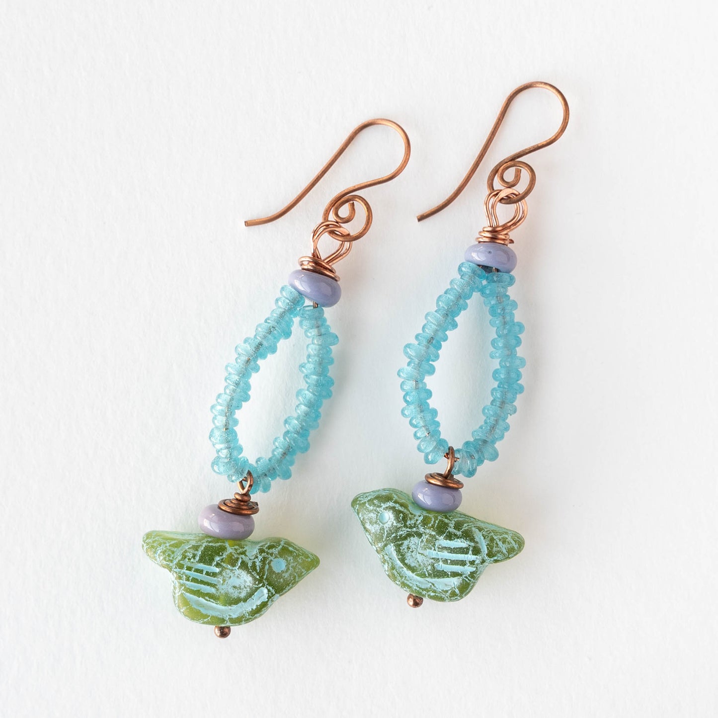 Bird Dangle Earrings - Green and Blue