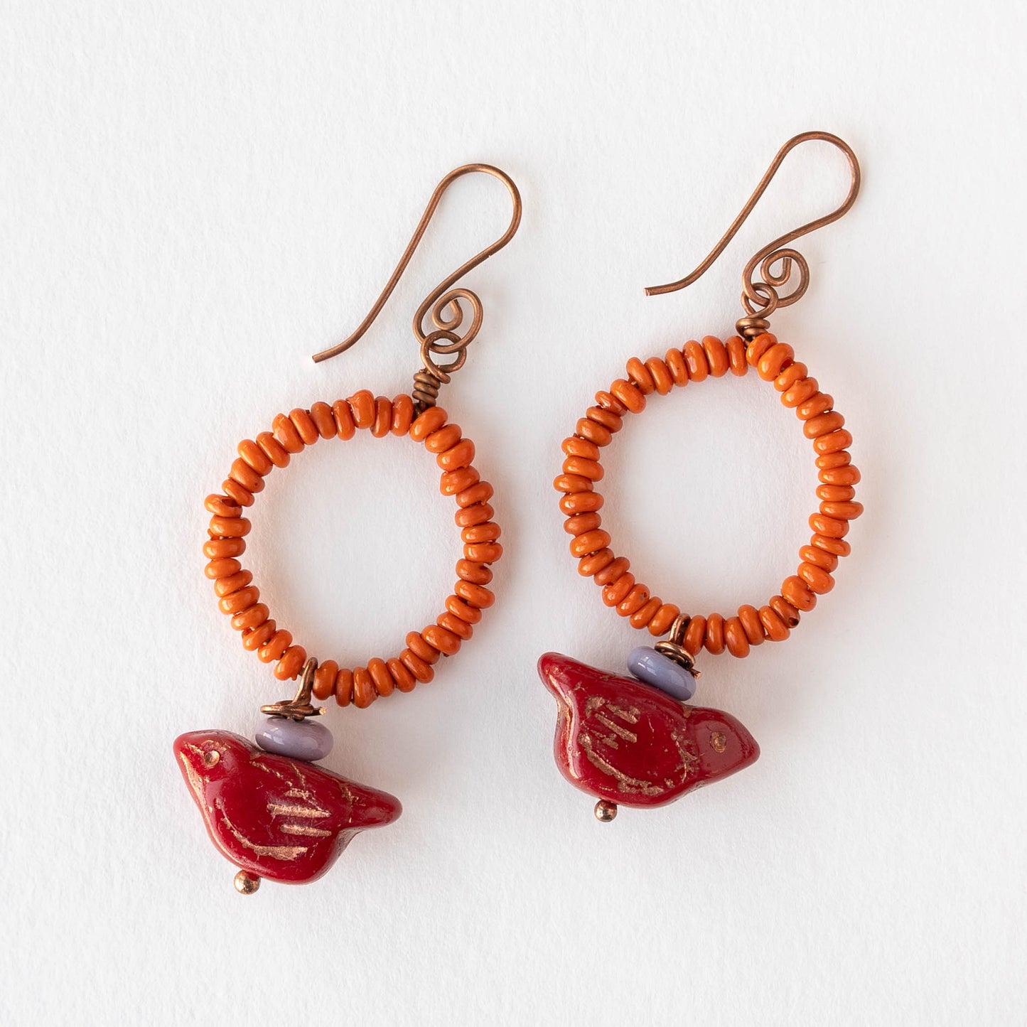 Bird Dangle Earrings - Red and Orange