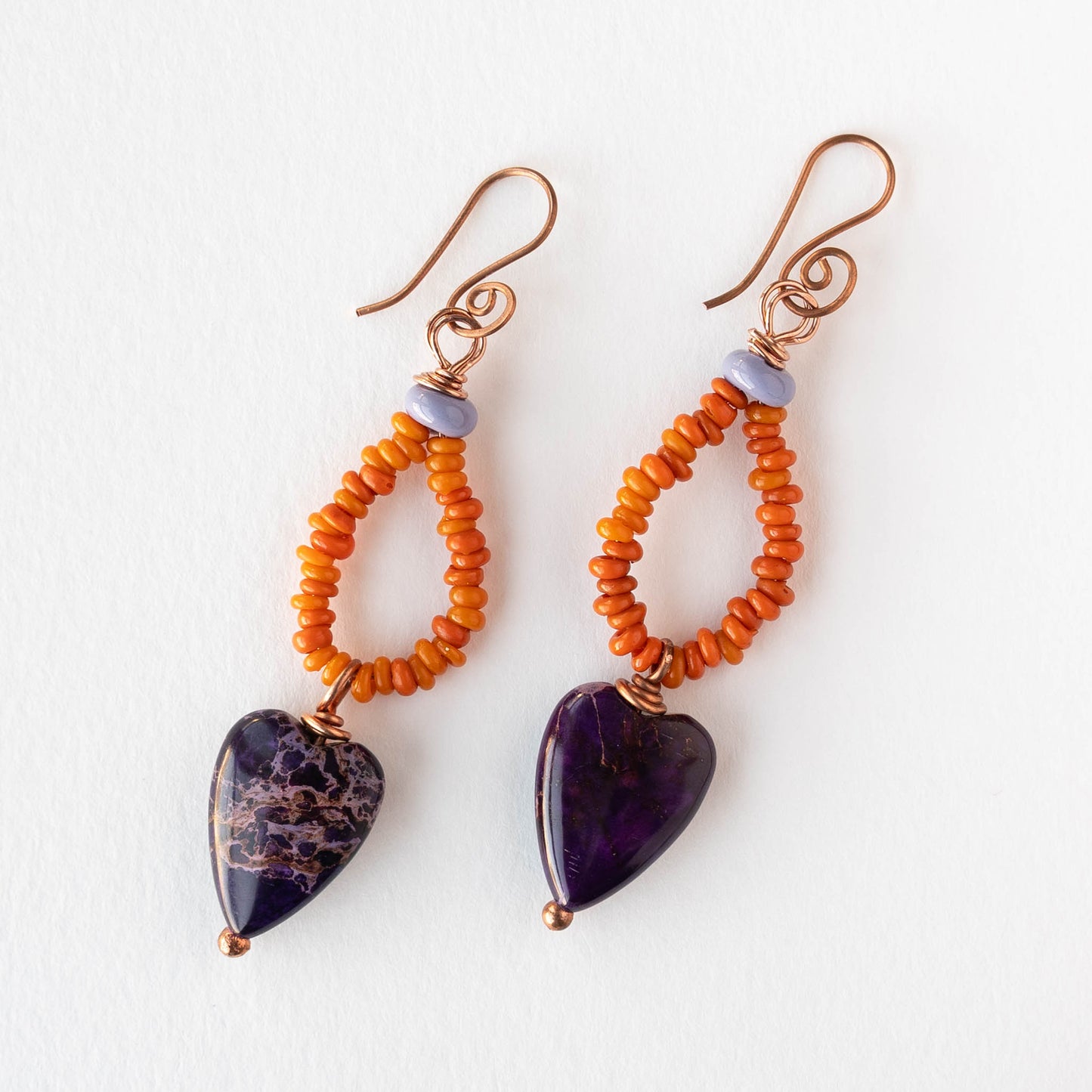 Heart Dangle Earrings - Purple and Orange